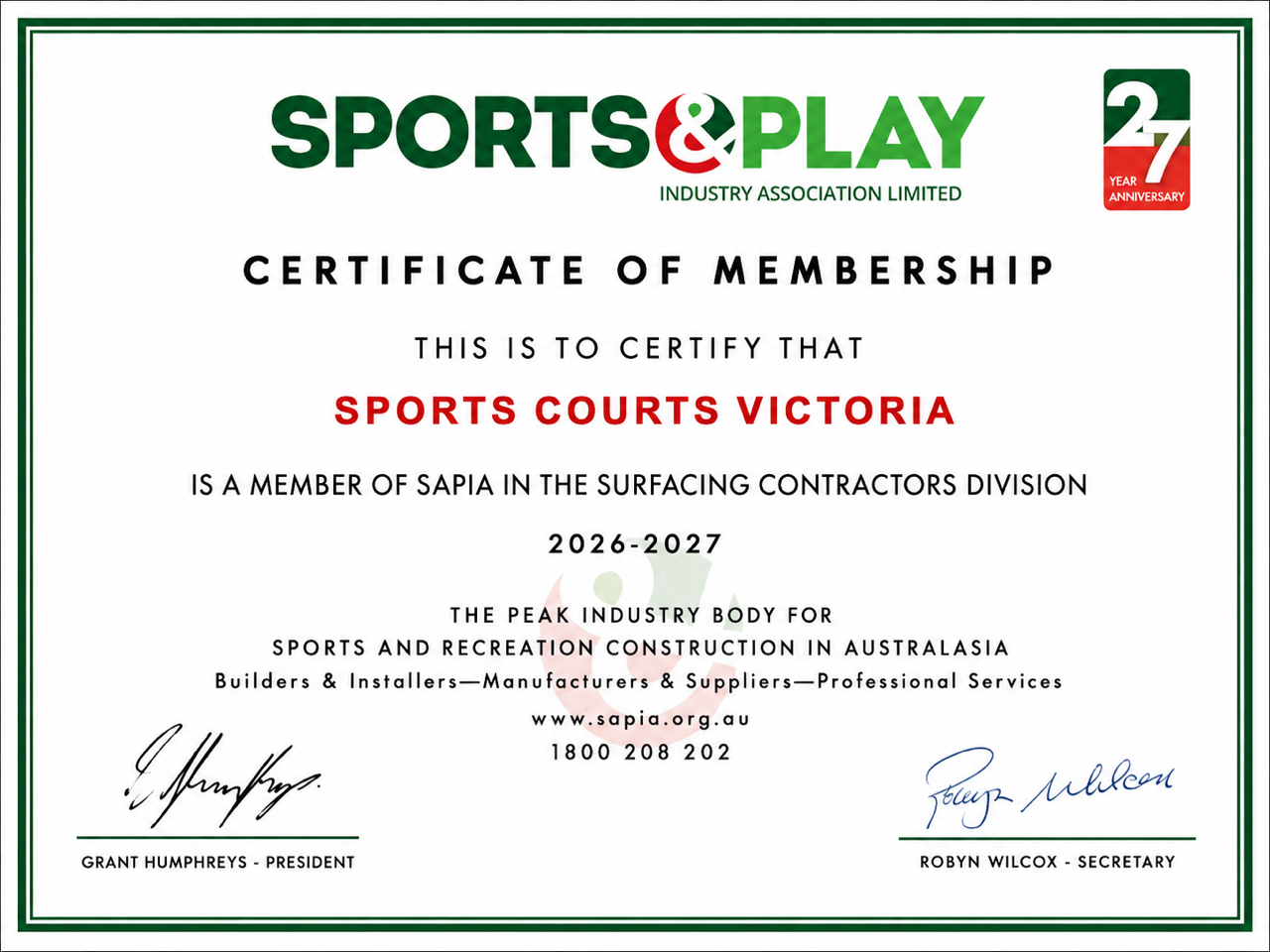 Sapia Certificate Of Membership - Sports Courts Victoria