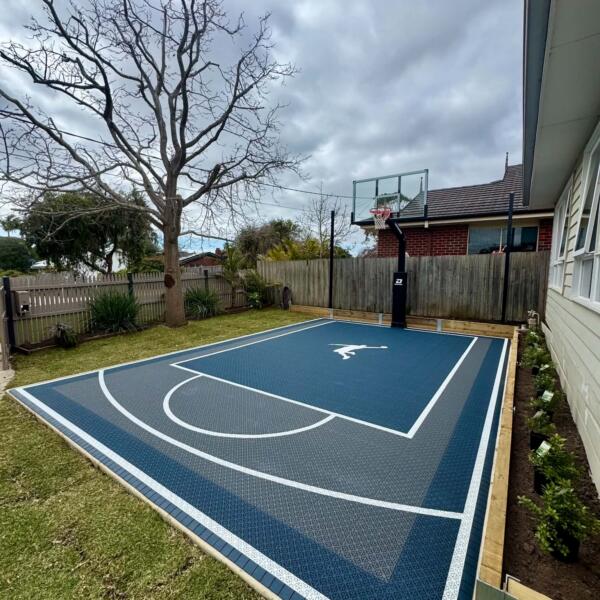 Ocean Grove backyard basketball court with Slam Man Pro Cushion tiles and glow-in-the-dark line markings