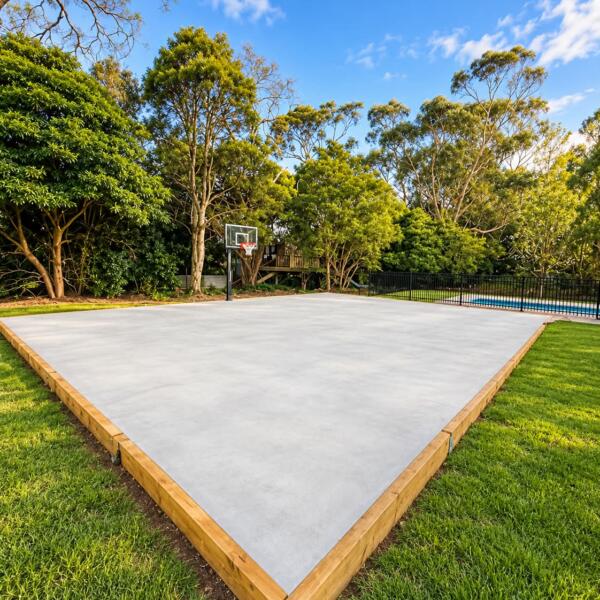 Alt text: Before photo of large prepared backyard base in Somerville before Slam Man Elite multi sport court installation